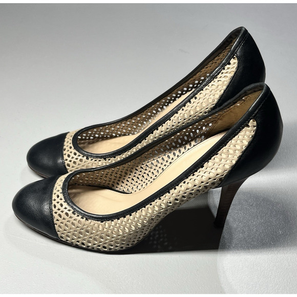 J Crew Leather Heels Womens 10 Perforated Cut Out Beige Black Stiletto Cap Toe - Picture 3 of 12